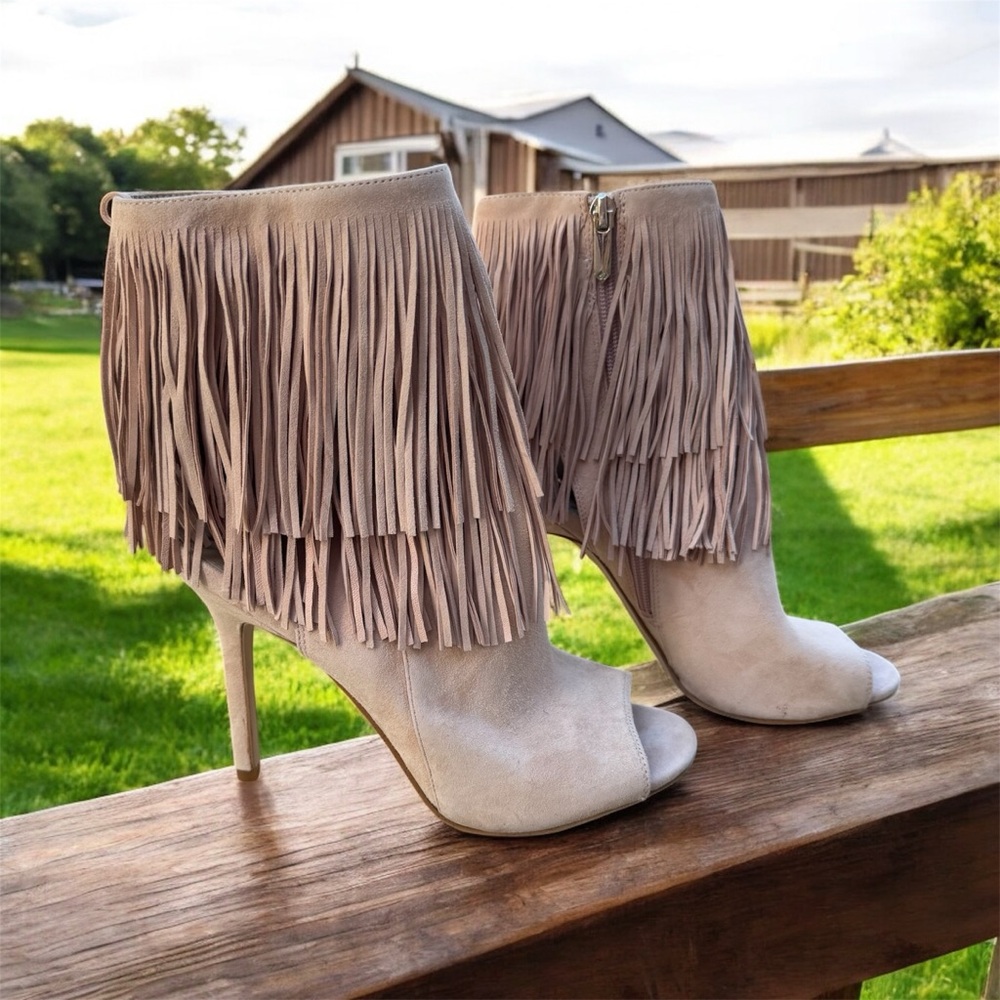 Sam Edelman Suede Fringe Heels Size 7.5 Leather Open Toe Festival